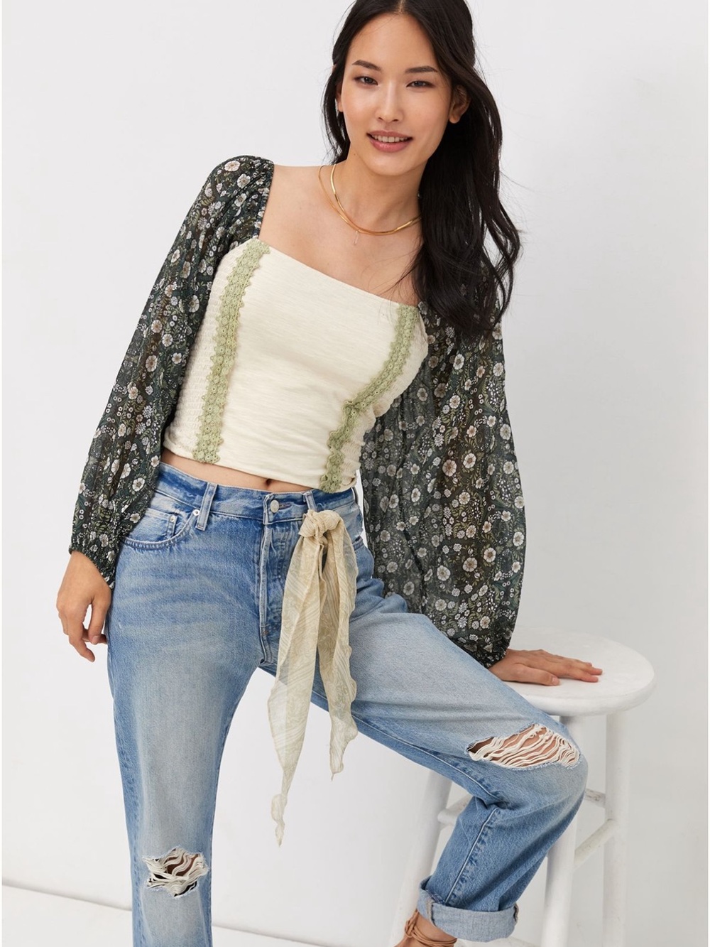 Anthropologie Forever That Girl Smocked Balloon Sleeve Top Green Moss Crea L NEW